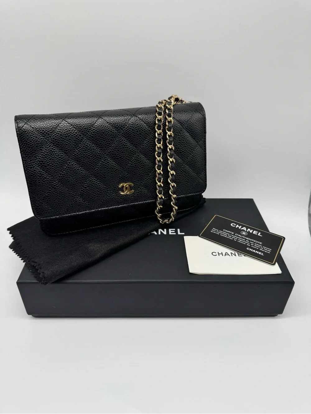 CHANEL Black Quilted Caviar Leather Crossbody with Gold Chain